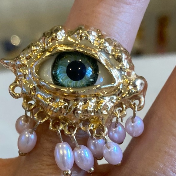 Evil Eye energy Protection Ring Gold OS adustable one size pearls y2k statement